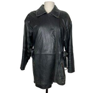 Vintage 90s Express Leather Jacket Coat Small Black Oversize Thinsulate Lined